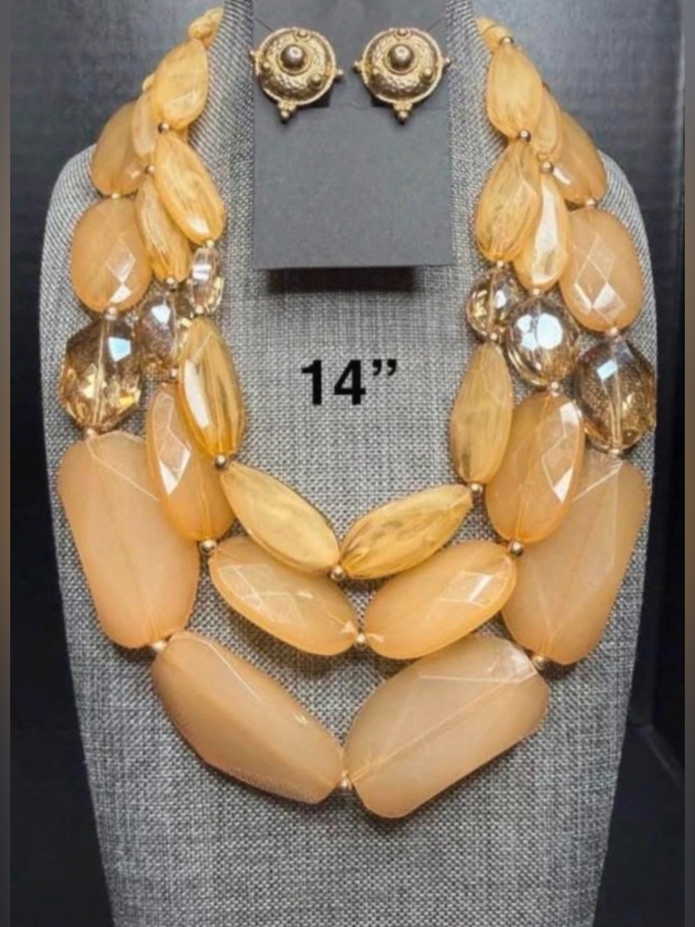 102. Multistrand Peach Stone Statement Necklace with Earrings